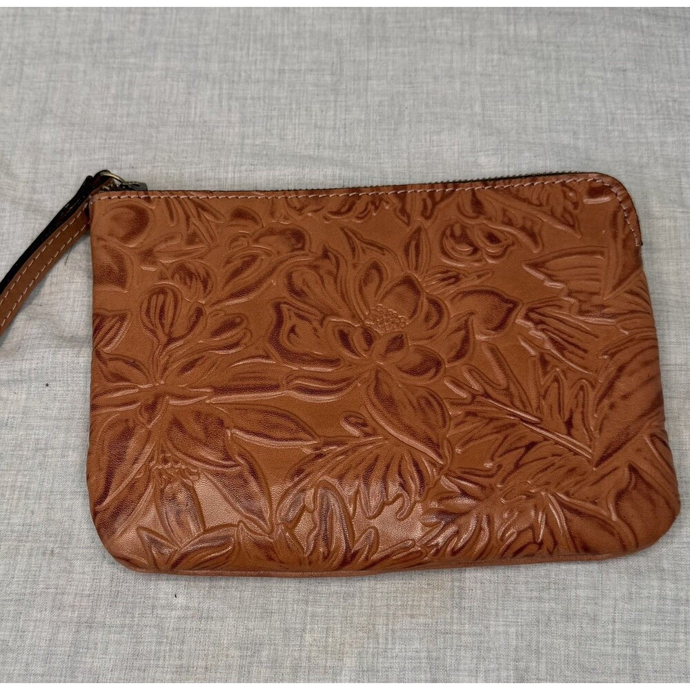Patricia Nash Cassini Tooled Leather Wristlet Clutch Brown Zip Boho Western
